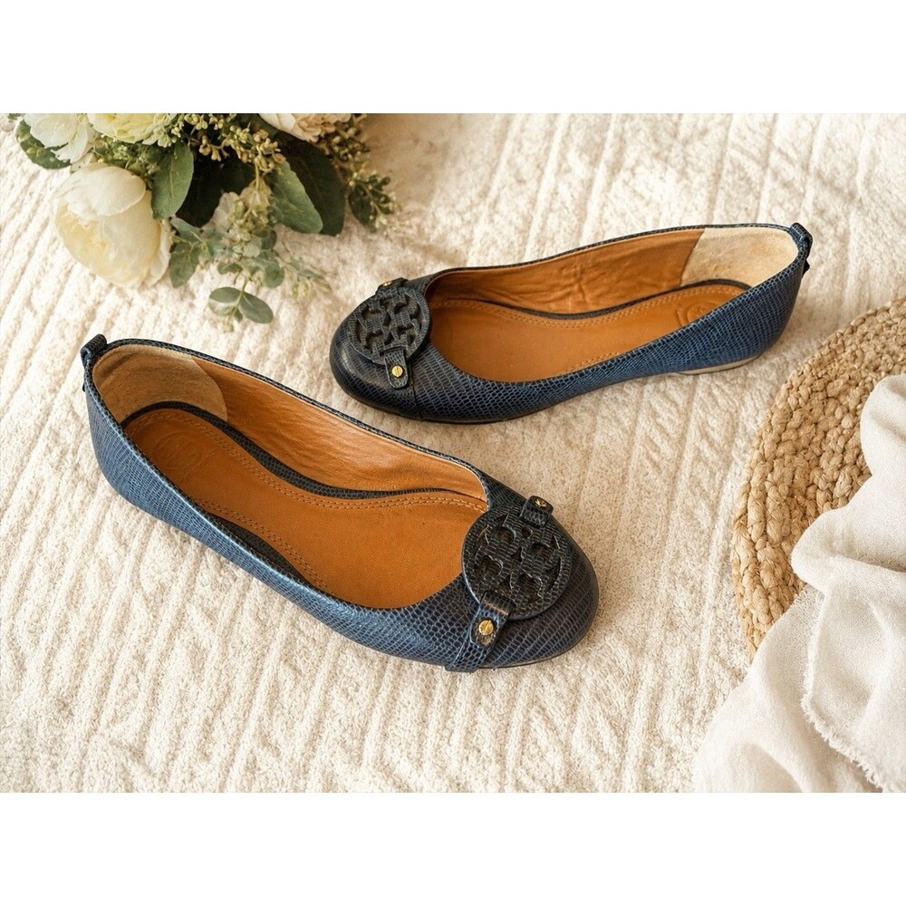 TORY BURCH Mini MILLER Lizard Embossed LEATHER Logo Ballet Flats Navy 7 blue
